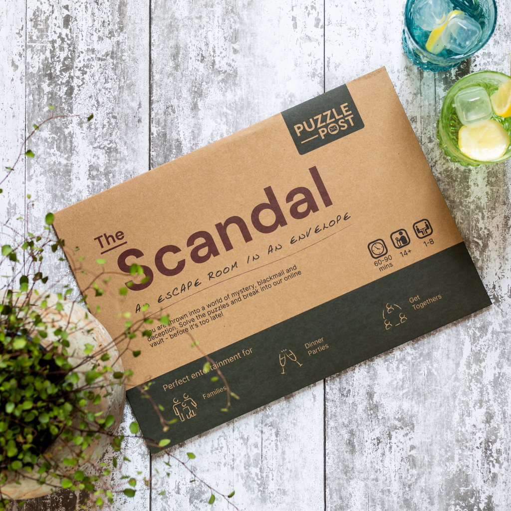 "The Scandal" is a new eco-friendly puzzle and the packaging is made from recycled materials on a studio background.