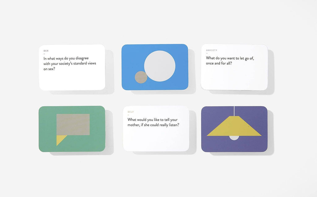 Six rectangular cards displayed together, each featuring unique text designs and colours.