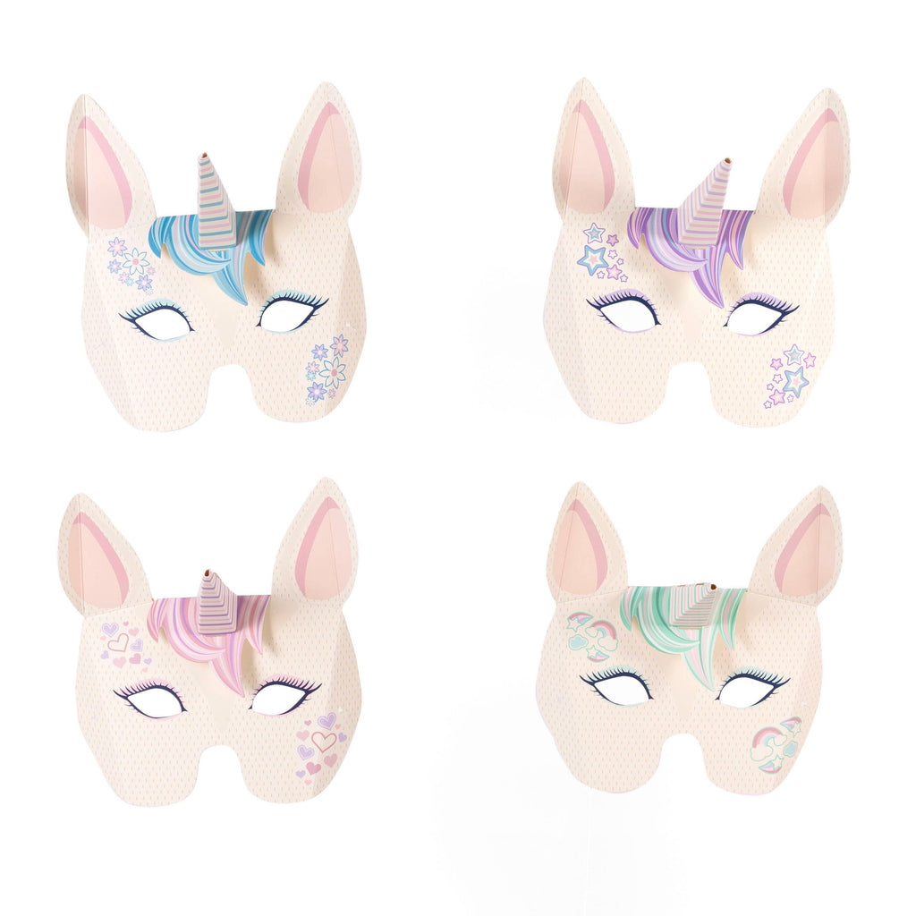 Four distinct paper unicorn masks in assorted colours, arranged to highlight their playful and imaginative features.