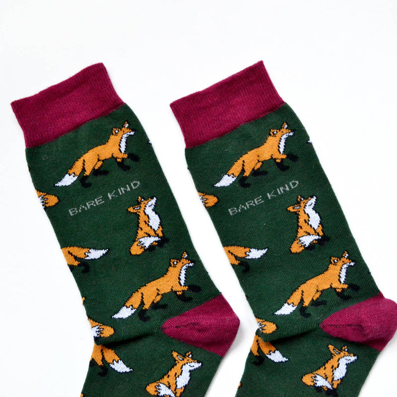Bare Kind Socks - Fox Socks | Bamboo Socks | Green Socks | Cheeky Socks: UK Adult 4-7 / Single Pair / Foxes