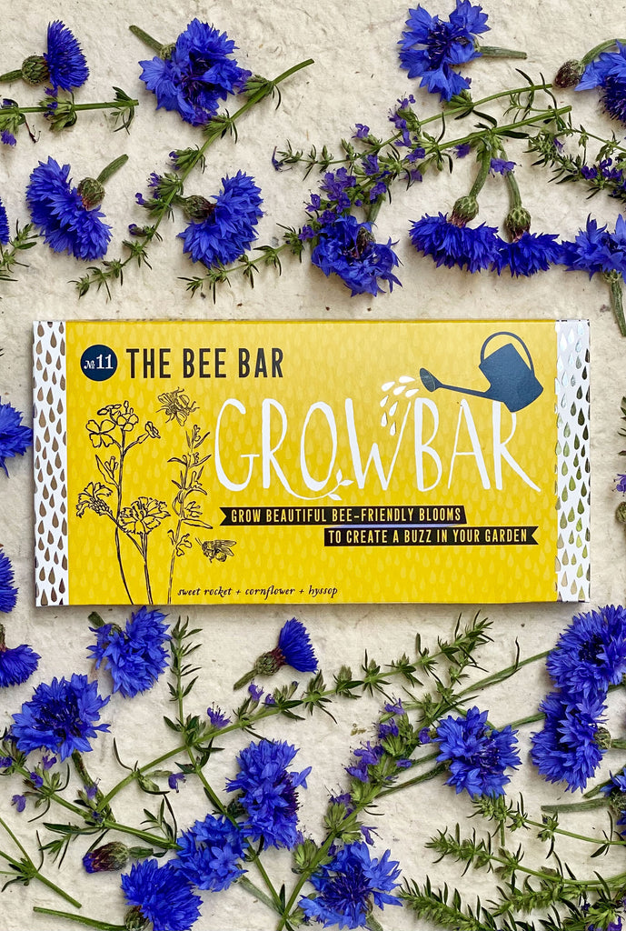 A close-up of the Bee Bar Grow Bar in yellow packaging, showcasing its natural ingredients and vibrant packaging.