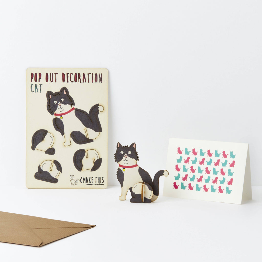 Black and white cat wooden pop out greeting card pop out