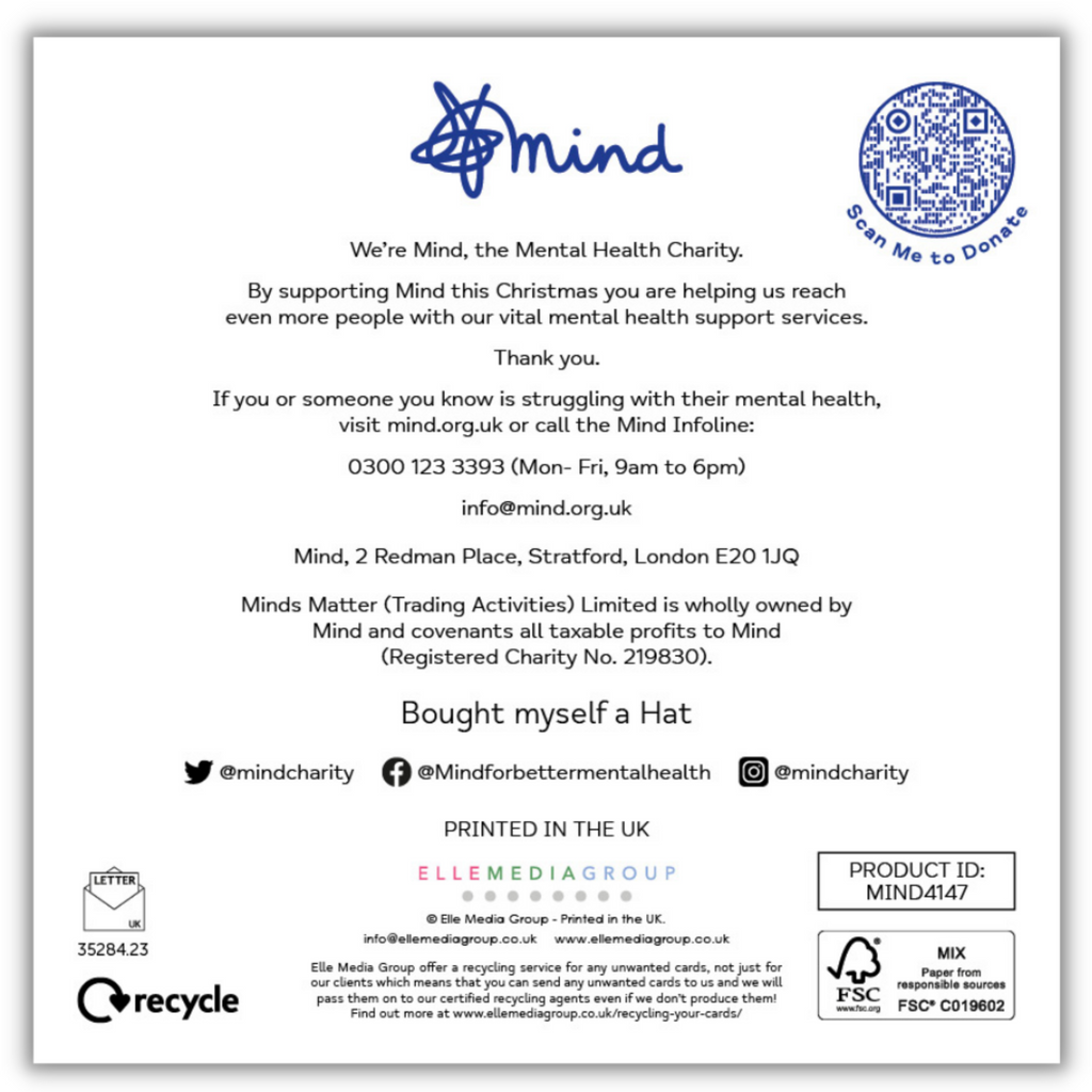 Back of Christmas card with details about Mind charity