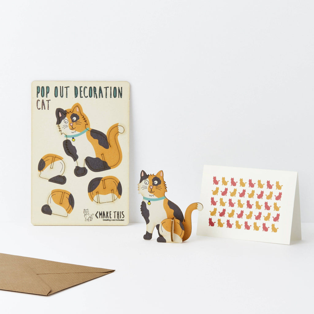 Calico ginger and black cat pop out wooden greeting card 