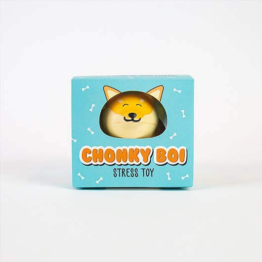Chonky Boi stress toy squeeze inside a blue box with its face poking out