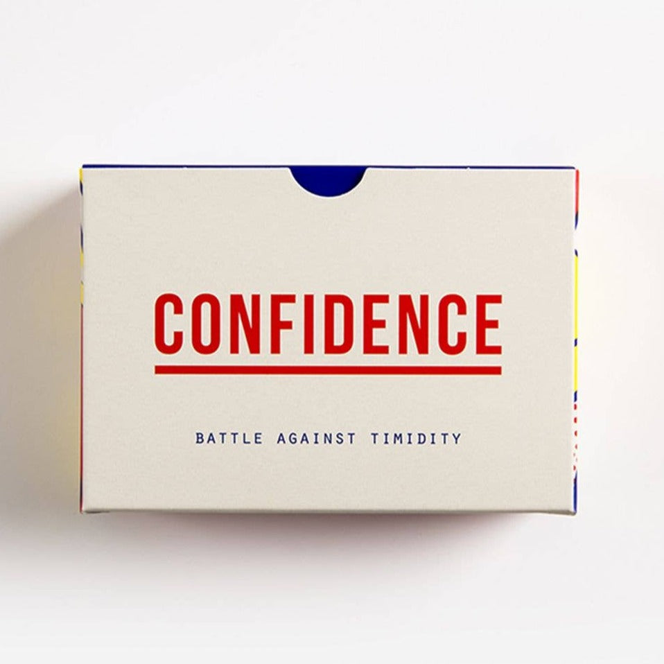 The box of the Confidence Cards in red lettering on a white background.