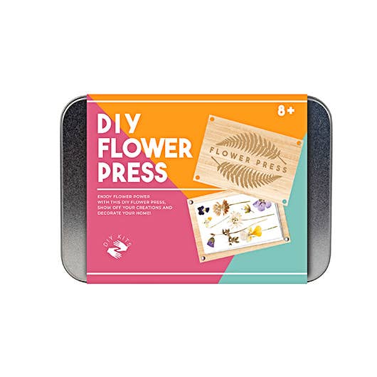 A compact tin featuring a DIY flower press kit, perfect for enthusiasts looking to preserve floral beauty creatively.