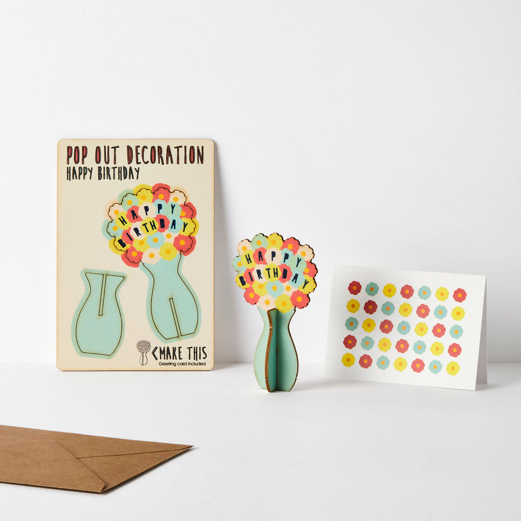 Happy birthday flowers pop out wooden card in turquoise vase and multi coloured flowers