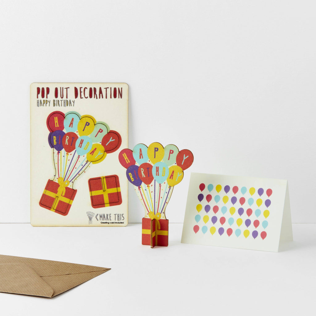 Happy birthday card with multi coloured balloons attached to a red present each lettered spelling happy birthday