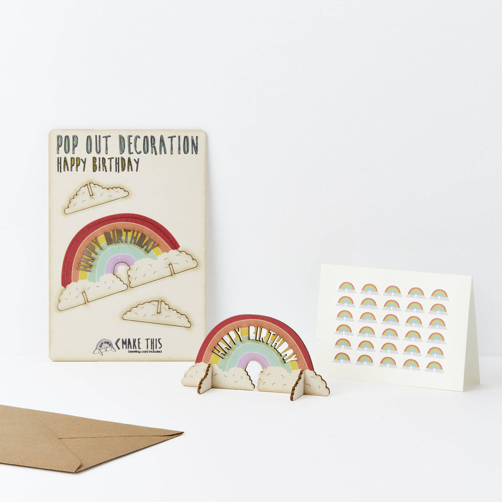 Happy birthday rainbow pop out wooden card with clouds either end of the rainbow