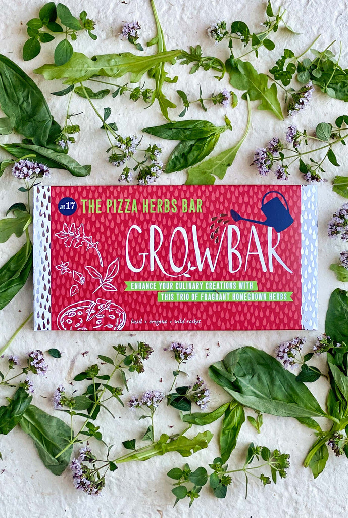 Pizza herbs Grow Bar in red packaging surrounded by fresh herbs on a white surface