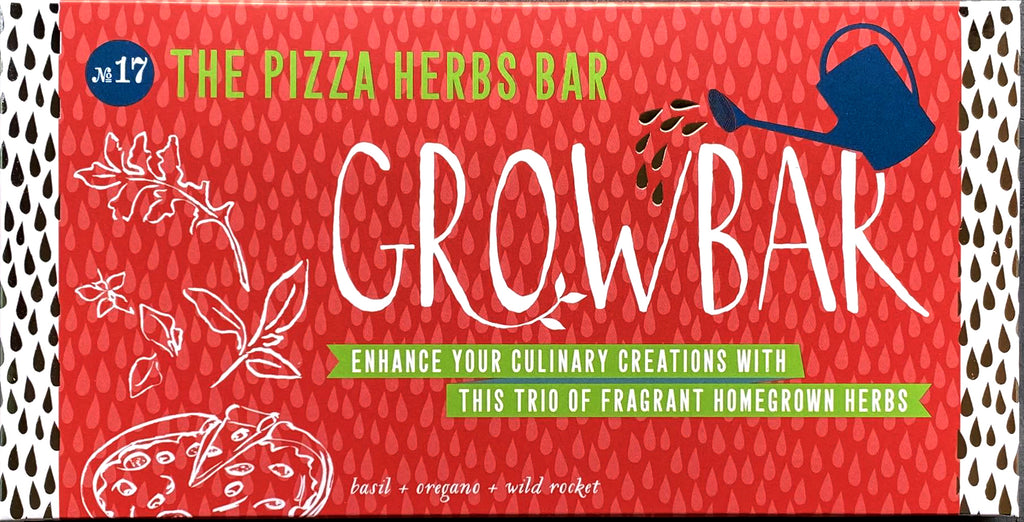 Front view of pizza herbs bar Grow Bar with red packaging with herbs on top of pizza graphic