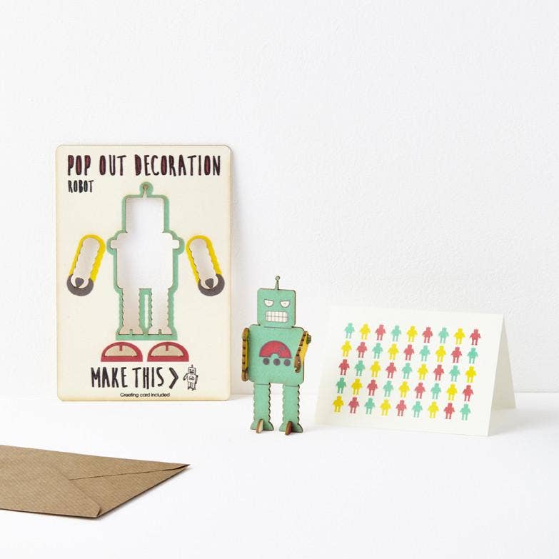Green robot with yellow arms wooden standing pop out greeting card