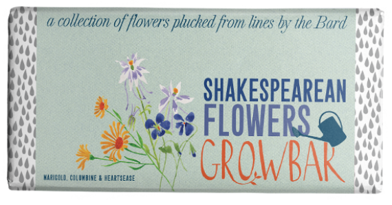 Shakespearean flowers grow bar featuring plants from his stories in a light blue packaging front of product view