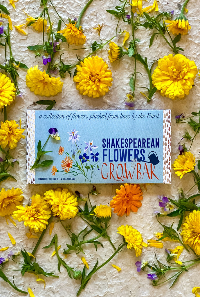 Shakespearean flowers grow bar featuring plants from his tales in a light blue packaging in a studio shot surrounded by yellow flowers 