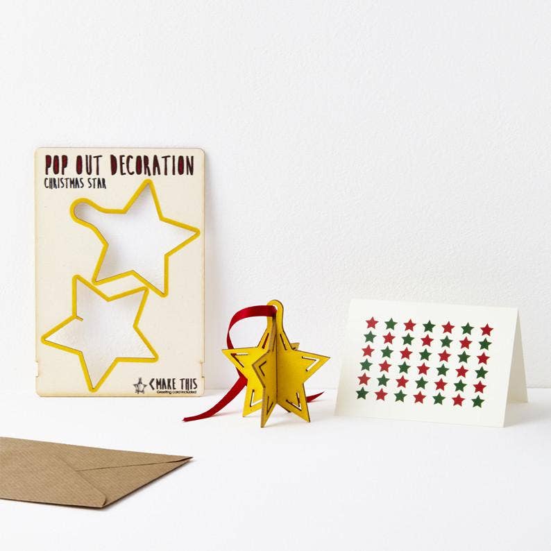 Star Christmas wooden card Christmas Tree decoration with red ribbon