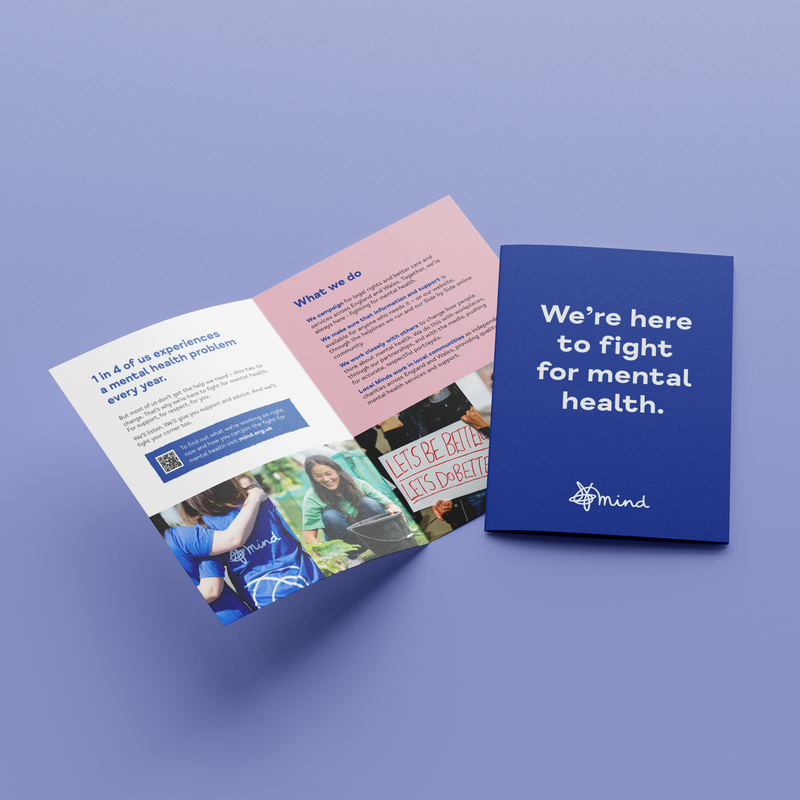 A5 4-page leaflet with heading 'we're here to fight for mental health'
